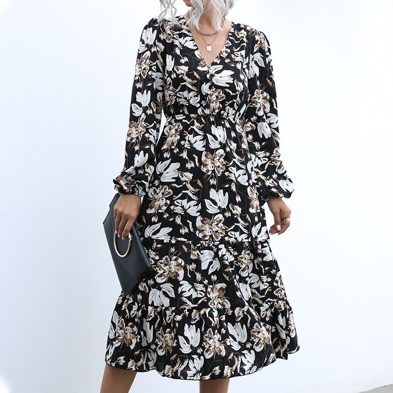 Women's V-neck Mid-length Bubble Sleeve Printed Long Sleeve Big Hem Dress