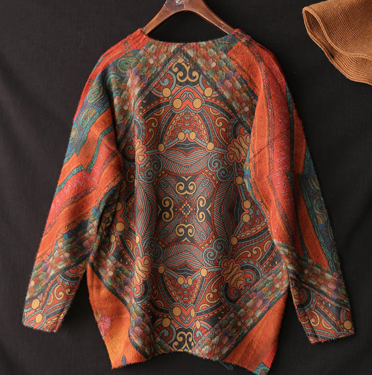 Suéter de cuello redondo de imitación de visón estampado vintage para mujer