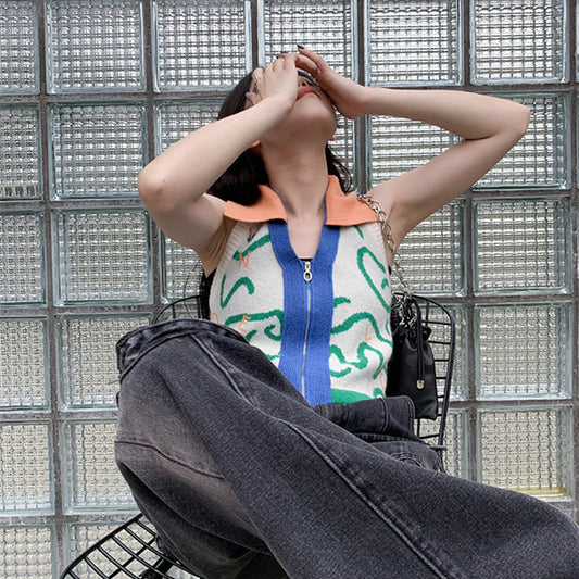 Personalisierte Colorblock-Strickweste für Damen im koreanischen Stil