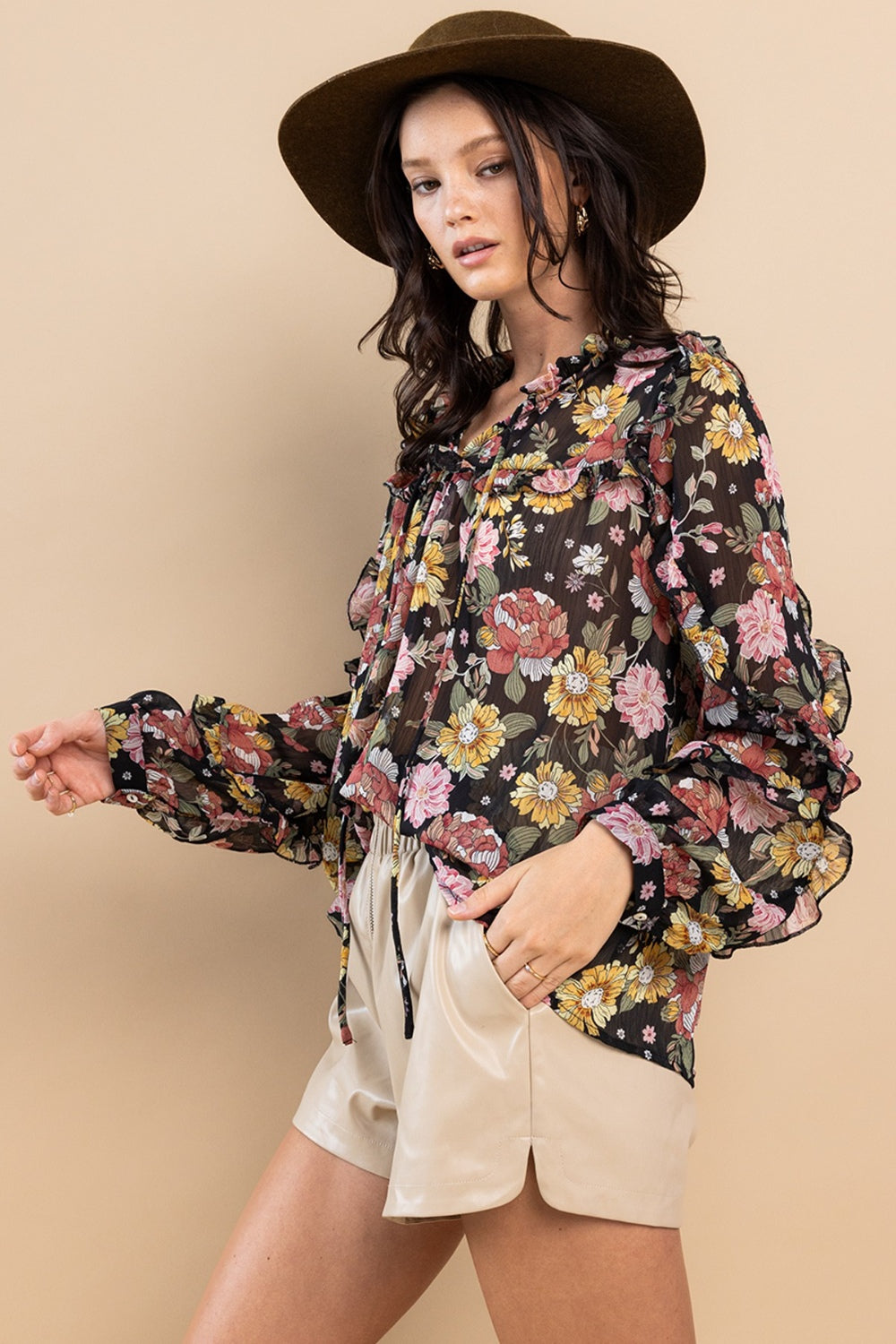 Ces Femme Blusa floral de manga larga con ribete de volantes