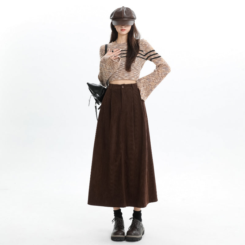 Brown Corduroy High Waist Skirt For Women