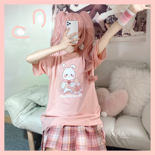 Candy Bunny T-Shirt Sommer süßer Cartoon-Häschen-Druck locker