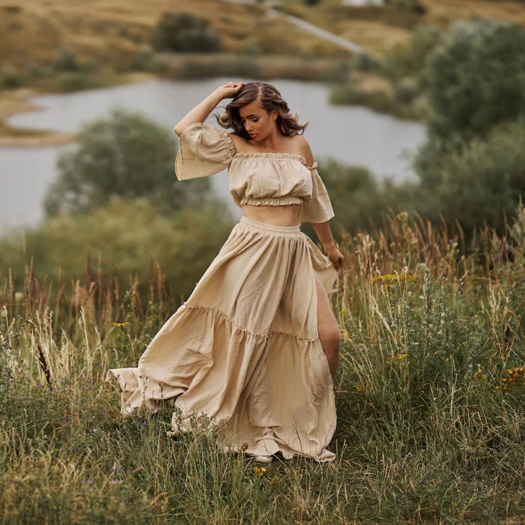 Langer Baumwollrock im Bohemian-Stil Zwei-in-eins-Fotografie-Rockanzug mit Ausschnitt