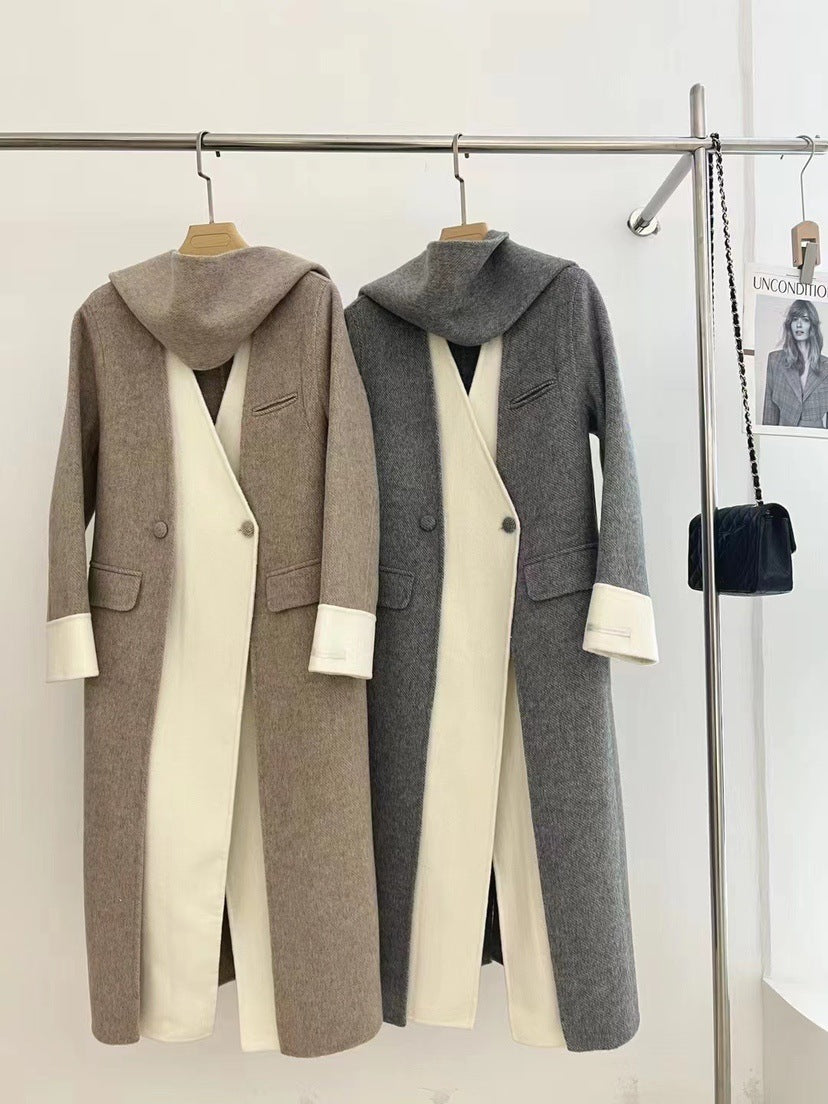 Double-sided Wool Overcoat V-neck Scarf Reversible Woolen Jacket