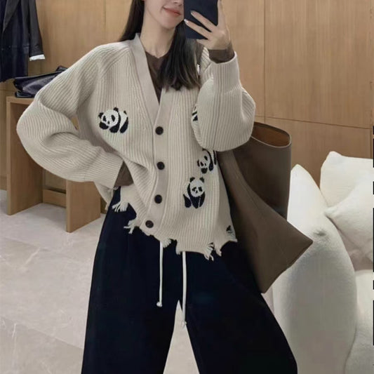 Heavy Industry Panda Embroidered Cardigan Sweater Loose And Lazy Style