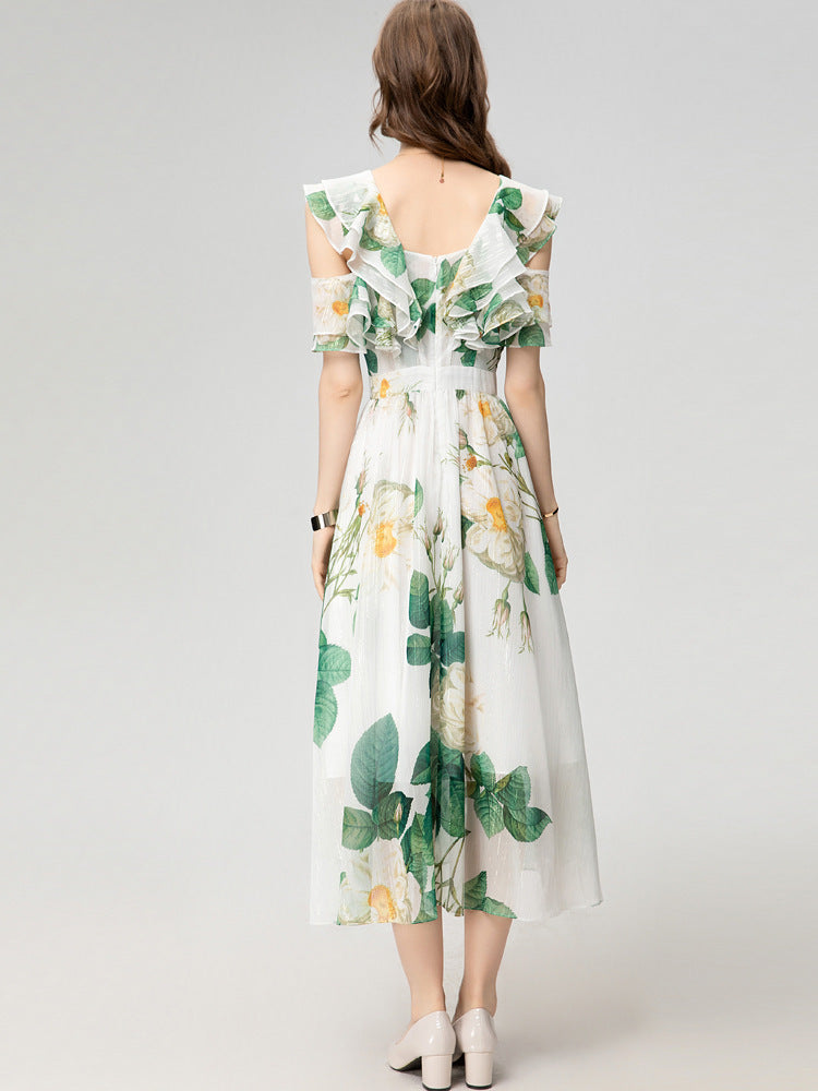 Square Collar Off-the-shoulder Beautiful Printed Fashionable Chiffon Long Dress