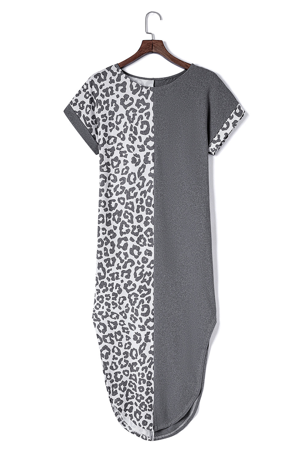 Gray Contrast Solid Leopard Short Sleeve T-shirt Dress with Slits