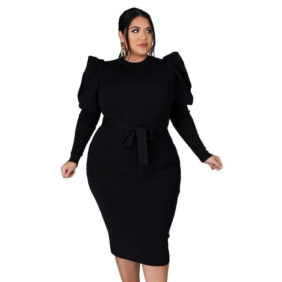 Women's Long Sleeve Belt Slim Fit Plus Size Dress