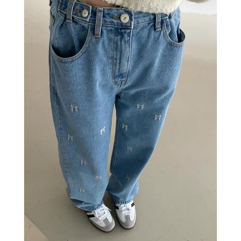 Embroidered Bow Loose Straight High Waist Waist Adjustable Jeans