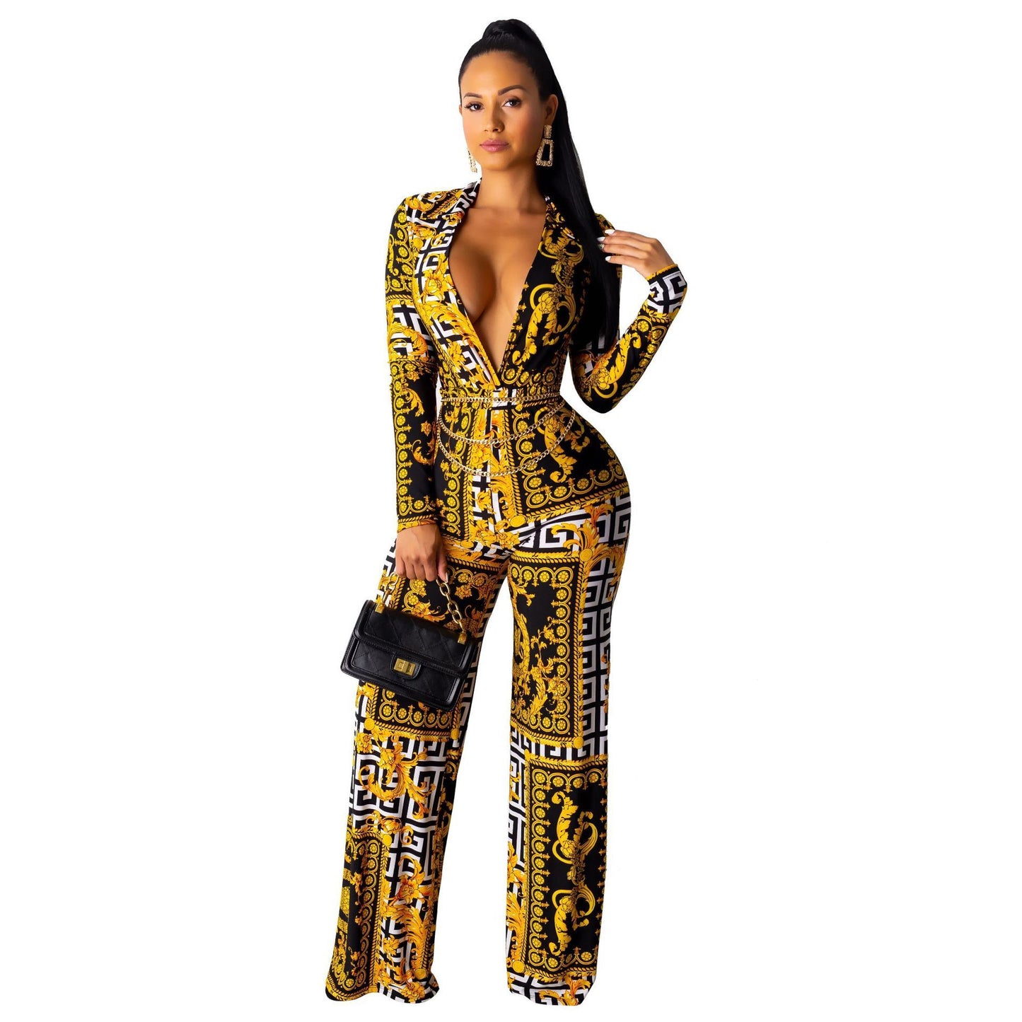 Fashion Digital Printing Long-sleeved V-neck Jumpsuit