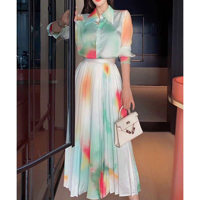 Spring New Suit Skirt Two-piece Western Style Fashionable Printed Shirt Pleated Skirt Elegant Graceful