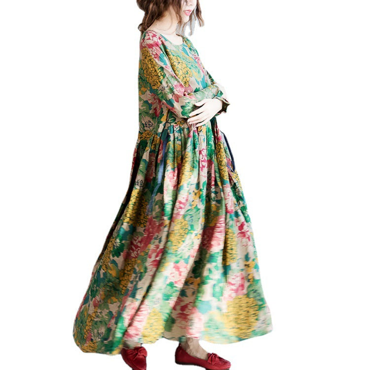 Ethnic Print Waist-tight Round-neck Long-sleeved Dress