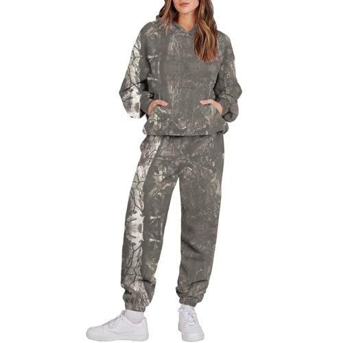 Damen 3 Camouflage Leaves Sports Kapuzenpullover mit langen Ärmeln und Jogginghose im Set