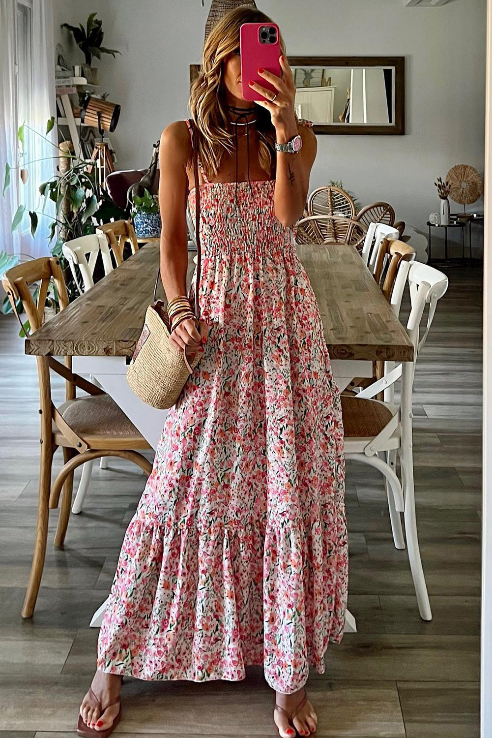 Vestido largo con volantes y fruncido floral boho blanco