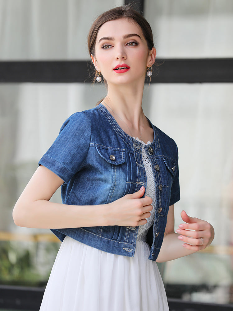 Denim-Schal-Damen-Kurztop mit Rock, kleiner Mantel, Strickjacke, Sonnenschutz, Kurzmantel