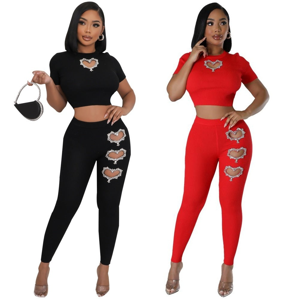 Women's Fashion Rhinestone Short-sleeved Trousers Casual Suit