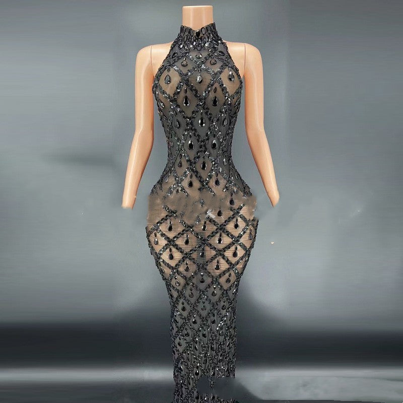 Black Diamond Dress On Black Background Nightclub Bar Female Singer Costume Stage Costume