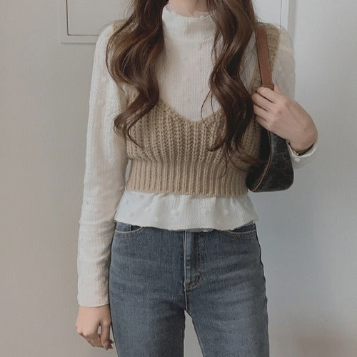 Spring Sweet Beauty Bottoming Shirt Knitted Two-piece Vest Set