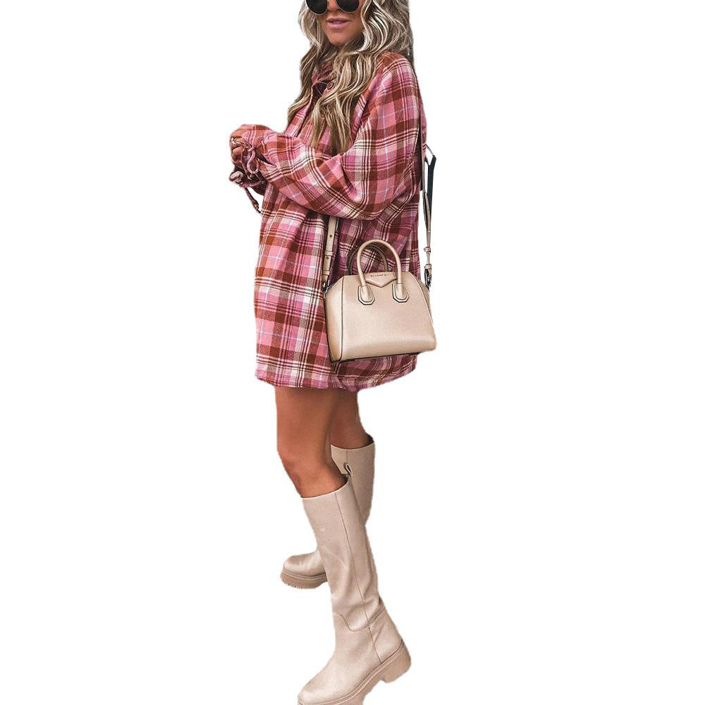 Check Printed Long Sleeve Lapel Loose Casual Shirt Dress