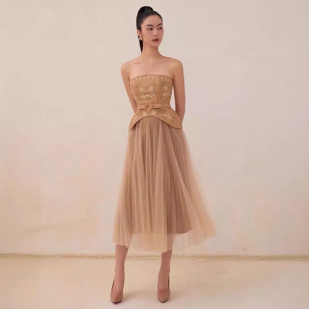 Flower And Bird Embroidered Leather Tube Top Pleated Mid-length Dress Set