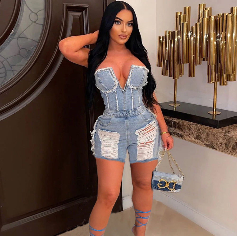 Hollow-out Ripped Zipper Short Chest Wrap Denim Jumpsuit Women