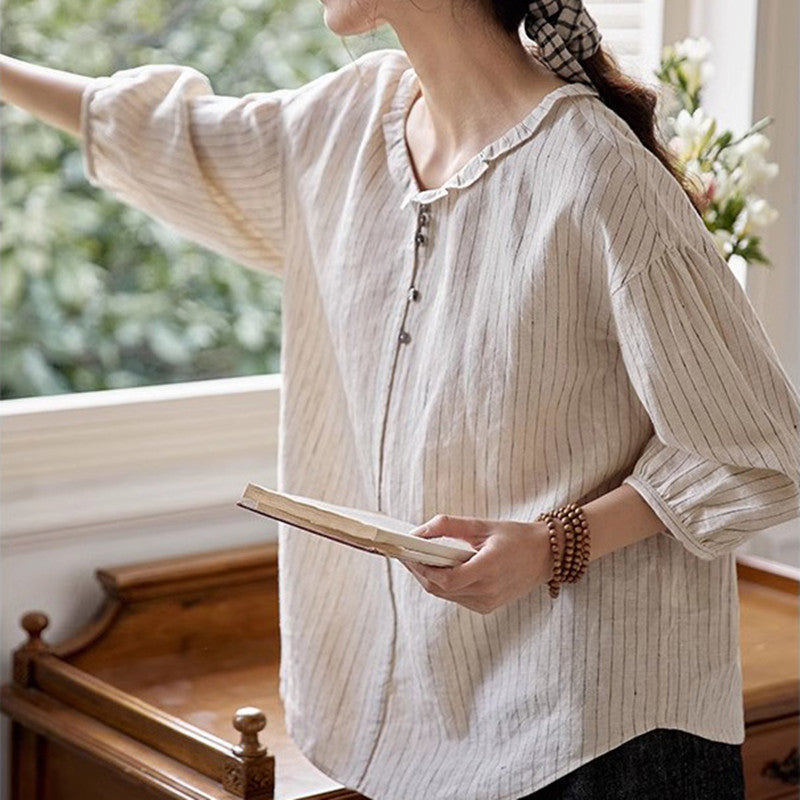 Camisa informal a rayas con cuello de muñeca para mujer