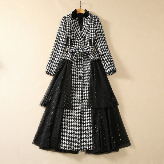 Houndstooth Stitching Sequins Tulle Skirt Style Coat Overcoat