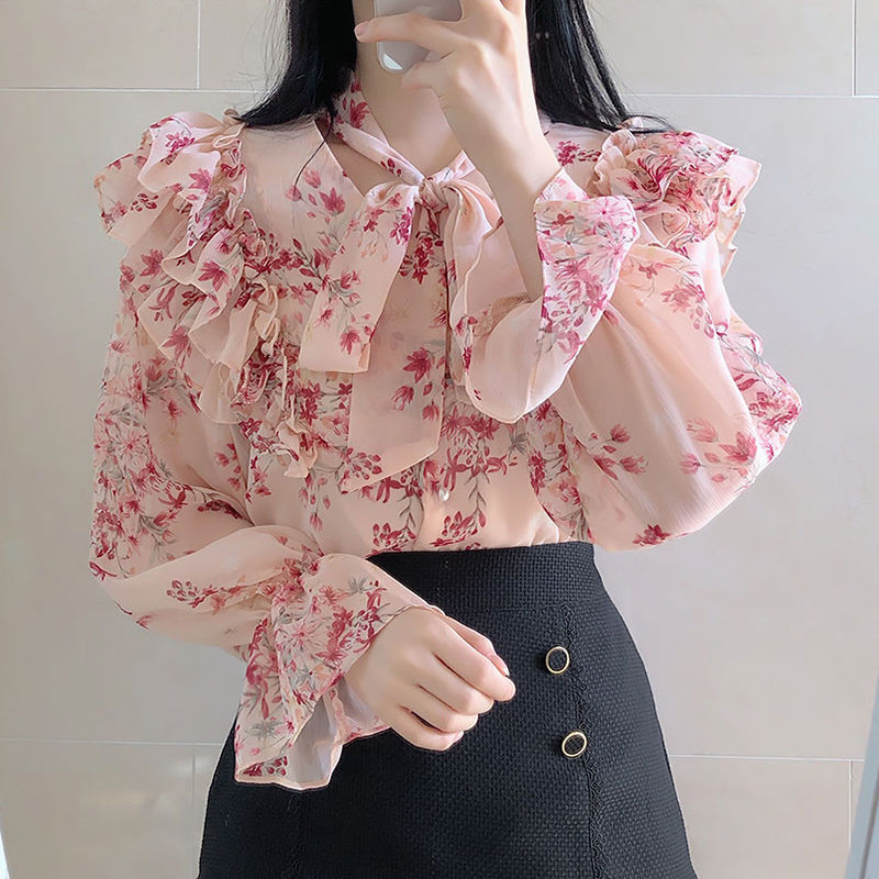 Floral Chiffon Shirt New Flare Sleeve Ruffle Top Women