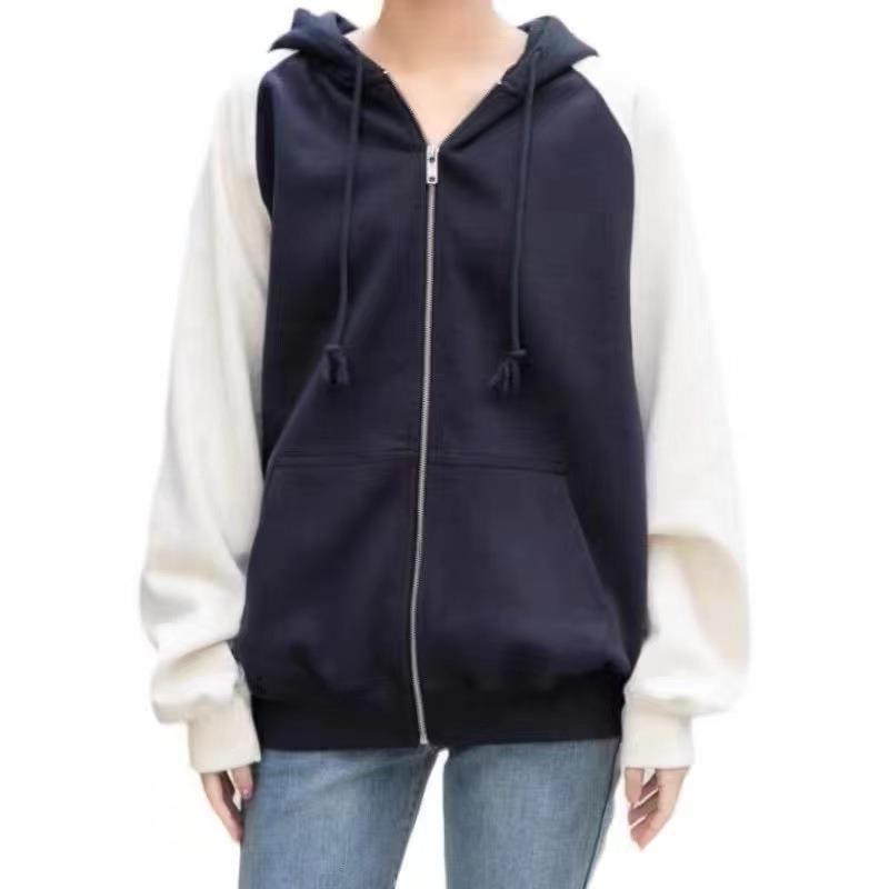 BM Style Dark Blue Mixed Beige Raglan Sleeve Multicolor Hoodie Coat For Women Lazy And Loose Hooded Zip Cardigan