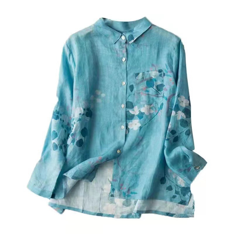 Women's Cotton And Linen Vintage Print Shirt