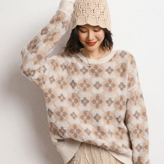 Damen-Pullover mit lockerem Rundhals-Jacquard-Motiv, doppellagiger Stickerei, abgeschnittener Wolle