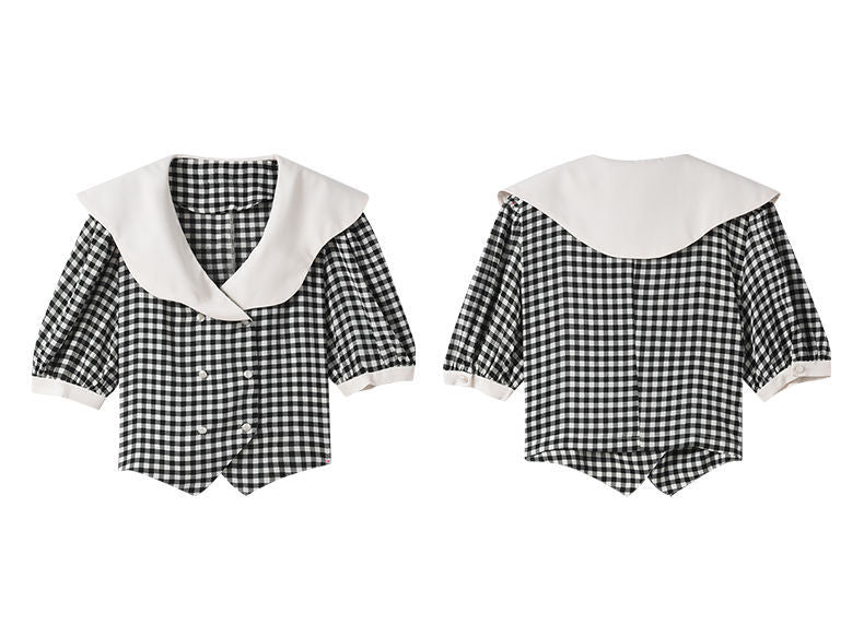 French Double-Breasted Plaid Shirt Ruffle Crop Top