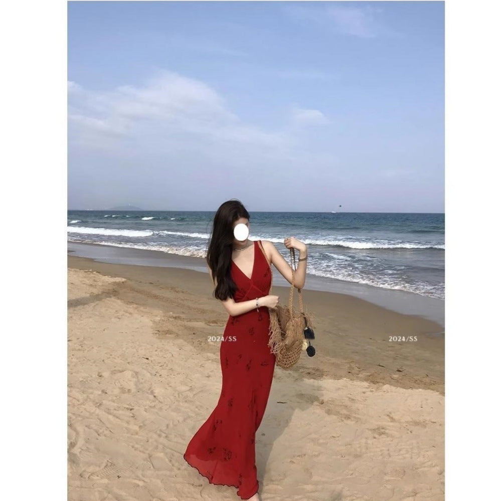 Vestido rojo con escote en V y cintura de verano para mujer