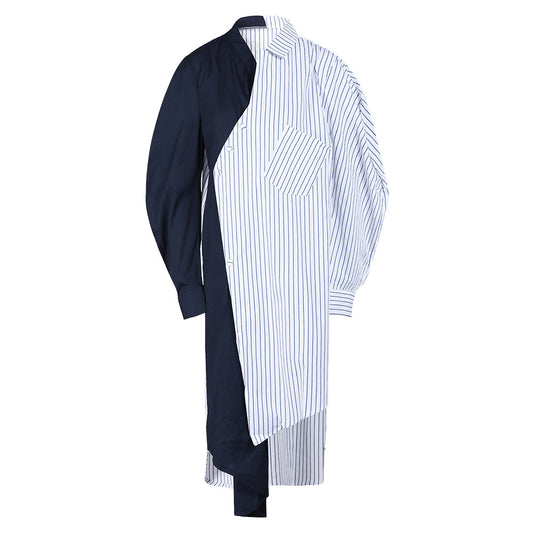 Color Collision Design Striped Dark Blue Dress All-match Loose Shirt Dress