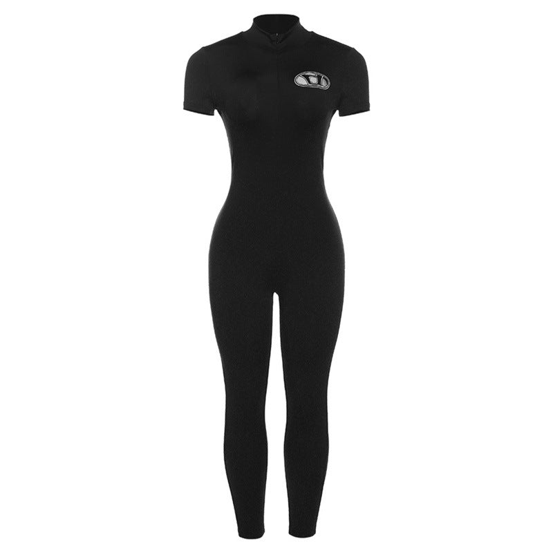 Enger Sport-Fitness-Jumpsuit mit Stickerei und hoher Taille