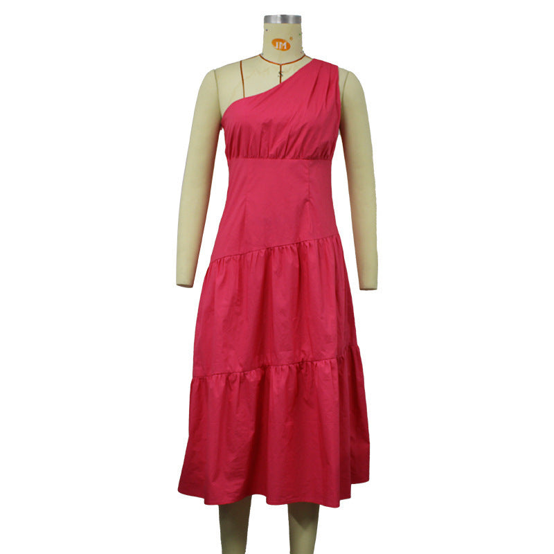 Modisches schulterfreies Swing-Kleid mit hoher Taille und unregelmäßiger Passform in reiner Farbe