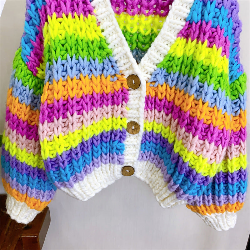 Handgewebter Pullover mit Regenbogen-Farbblockierung für Damen