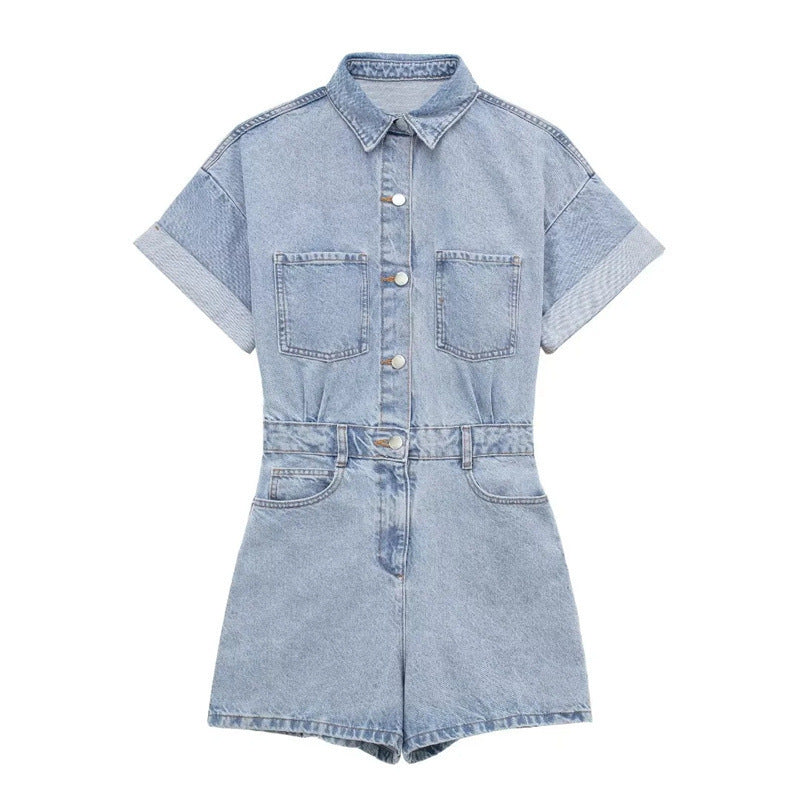 Summer New Women's Fashion Short Denim Pocket Decoration Cargo Overalls