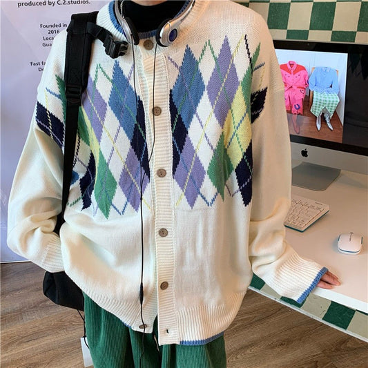 Hong Kong Style Retro Color Block Diamond Pattern Sweater Jacket