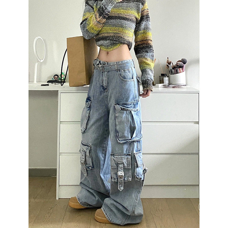 American Street Workwear Wide Leg Jeans Design Mehrere Taschen