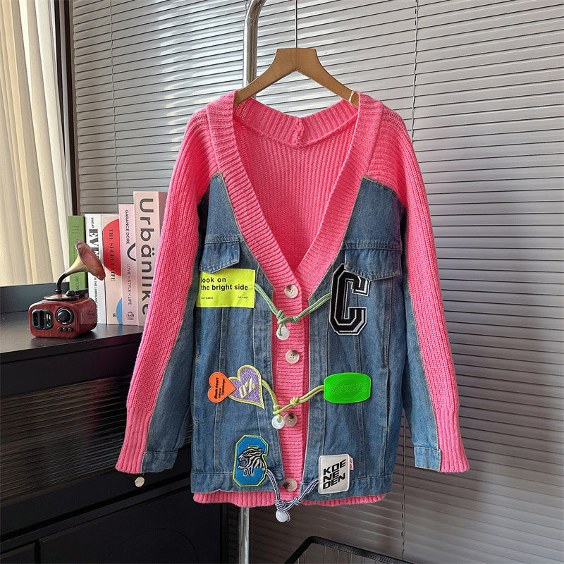 Denim Stitching Sweater Cardigan For Women Loose Knitted Coat