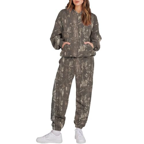 Damen 3 Camouflage Leaves Sports Kapuzenpullover mit langen Ärmeln und Jogginghose im Set