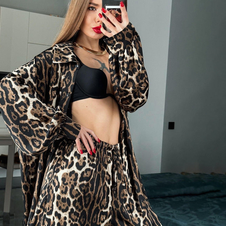 Ropa Traje Temperamento Traje de dos piezas estampado con estampado de leopardo de manga larga