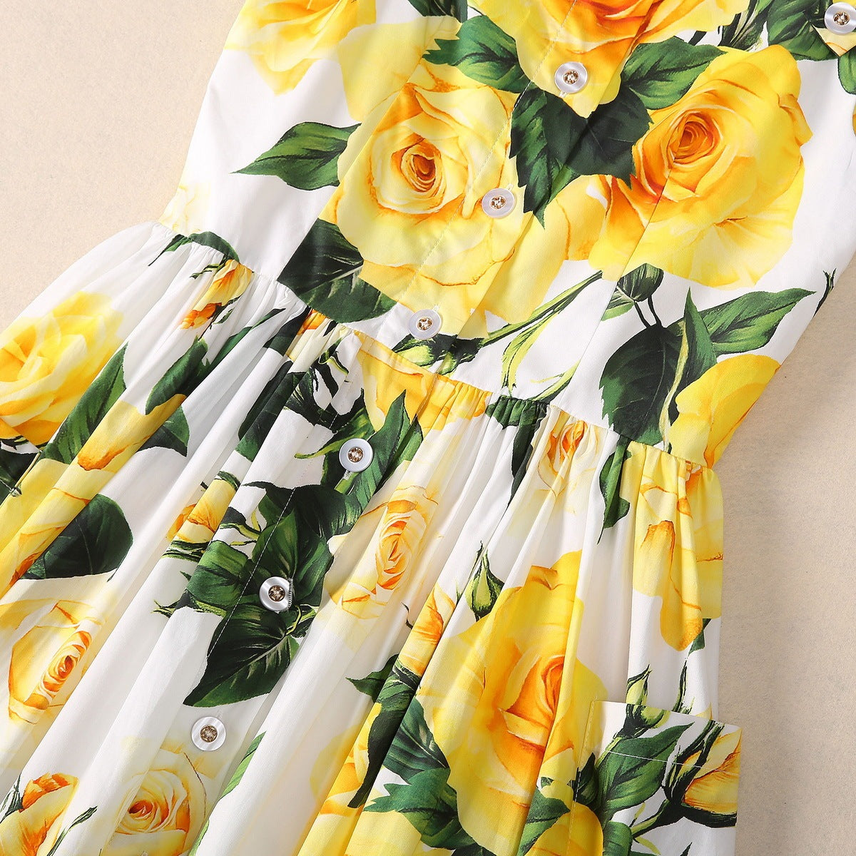 Fritillary Button Large Pocket Yellow Roses Sling Dress