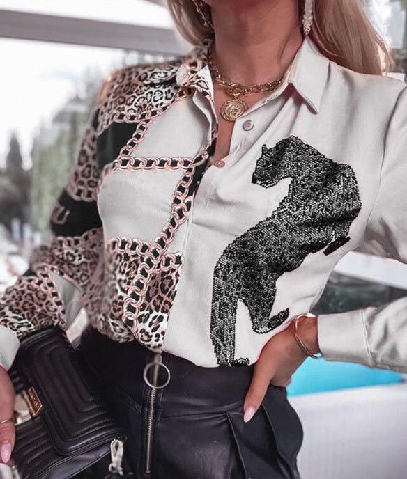 Ropa de mujer europea y americana Nueva camisa larga con estampado de leopardo y cadena transfronteriza