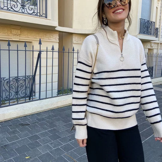 Damen Pullover mit Reißverschluss und Streifen in Kontrastfarbe