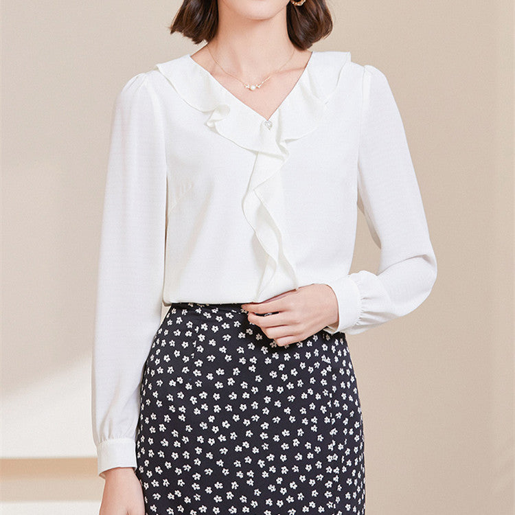 Women's Stylish Temperament Long Sleeves V-neck Chiffon Blouse