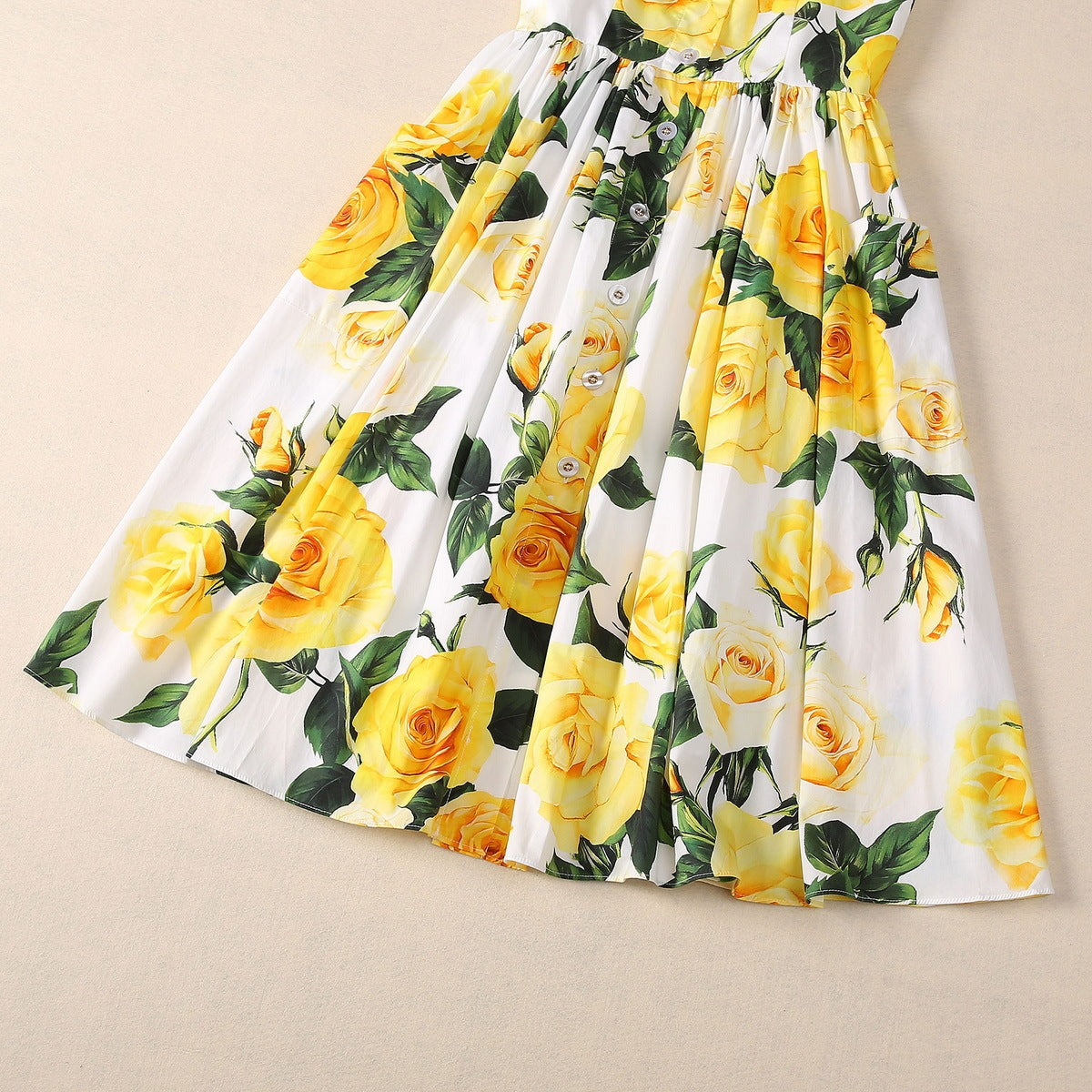 Fritillary Button Large Pocket Yellow Roses Sling Dress