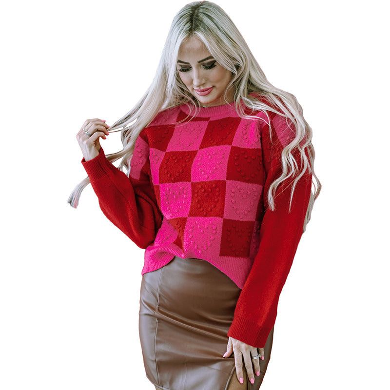 European And American Design Love Plaid Stitching Sweater