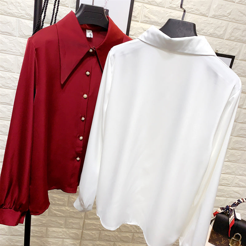 Women's Pearl Button Chiffon Shirt With Pointed Collar